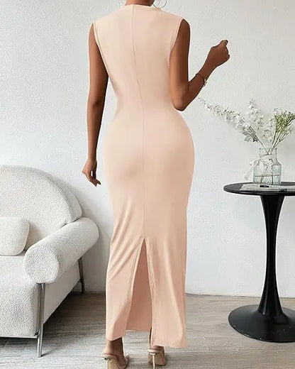 Women's Ruched Bodycon Dress Summer Casual Sleeveless Back Slit Elegant Club Evening Party Cocktail Maxi Dresses