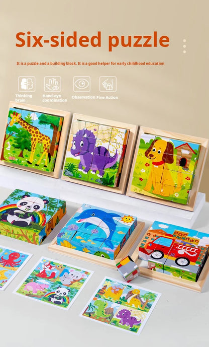 Six Sides Painted Wooden Puzzle Three-Dimensional Traffic Animal Puzzle Building Blocks Early Education Educational Toy