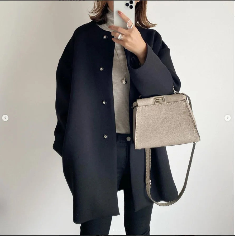 Japan Style Office Lady Elegant Solid Wool Coats Loose Casual Covered Button Jacket Autumn Winter All-match Blends Outwear