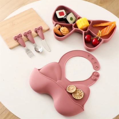 5Pc-Set Baby Cute Silicone Dining Plate Spoon Set for Baby Feeding Bow Bibs Straws Pad Fork Spoon Maternal Infant Supplies Gifts