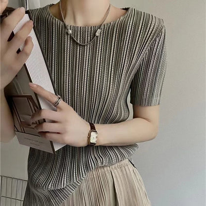 Woman Clothing  Top Women Miyake Pleated Short-sleeved Female Summer Thin Elastic Round Neck Joker Slim Pleated Hollow T-shirt