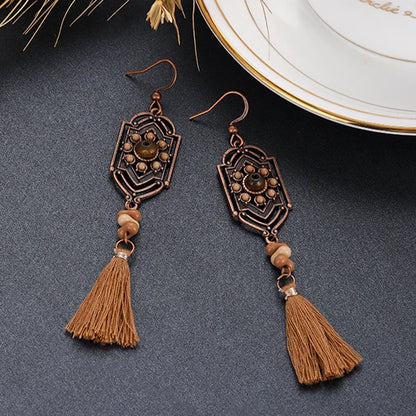 Bohemian Brown Geometric Fringe Earrings for Women Vintage Hollow Flower Beads Tassel Earrings Girls Party Jewelry Gifts