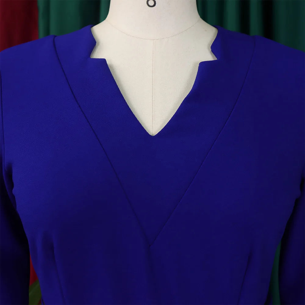 Office Dresses for Women V Neck Full Sleeve Belt Waisted Pleated Mid Calf Elegant Female Business Work Wear Dress Midi Cloth New