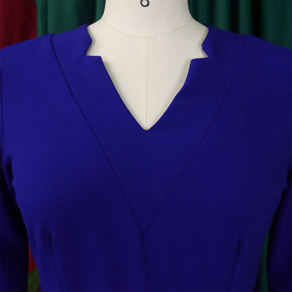Office Dresses for Women V Neck Full Sleeve Belt Waisted Pleated Mid Calf Elegant Female Business Work Wear Dress Midi Cloth New