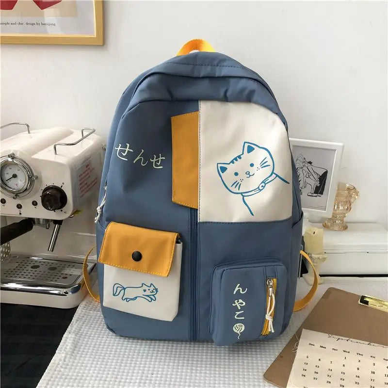 Hundreds of simple junior high school students schoolbag Large capacity primary school students schoolbag cute cat pattern
