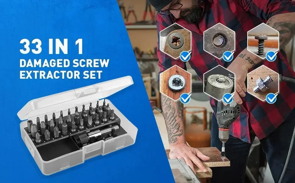 33 PCS Damaged Screw Extractor Kit with Sleeve Extension Drill Bit for Universal Guillotine Bolt Removal Screw Removal Tool
