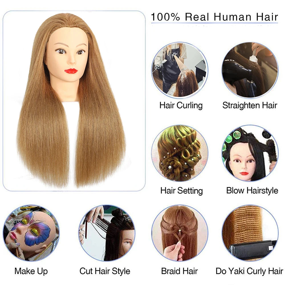Female Mannequin Head with 22"100%Real Hair Cosmetology Manikin Head Hairdressing Practice Cutting Styling Training Doll Heads