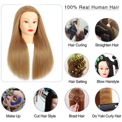 Female Mannequin Head with 22"100%Real Hair Cosmetology Manikin Head Hairdressing Practice Cutting Styling Training Doll Heads