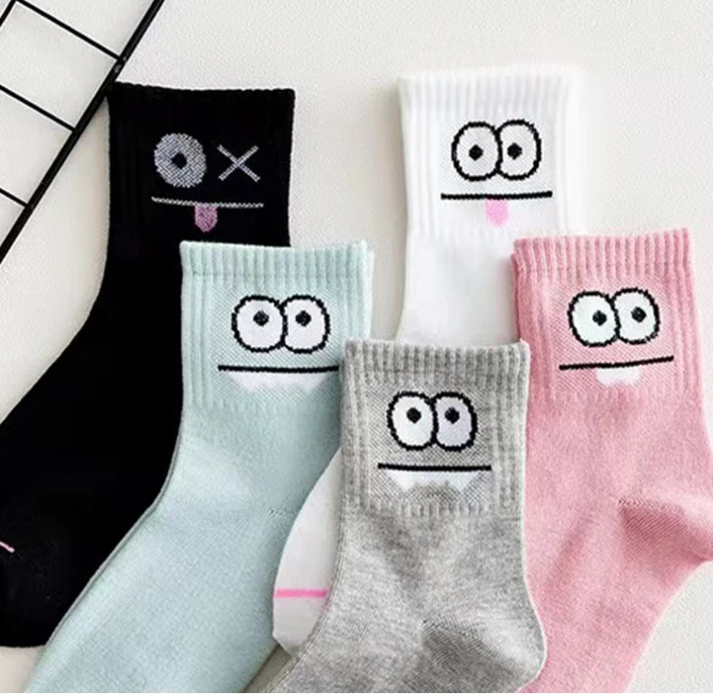 5 Pairs Cute Expression Print Socks, Comfy & Funny All-match Mid Tube Socks, Women's Stockings & Hosiery