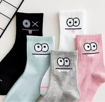 5 Pairs Cute Expression Print Socks, Comfy & Funny All-match Mid Tube Socks, Women's Stockings & Hosiery