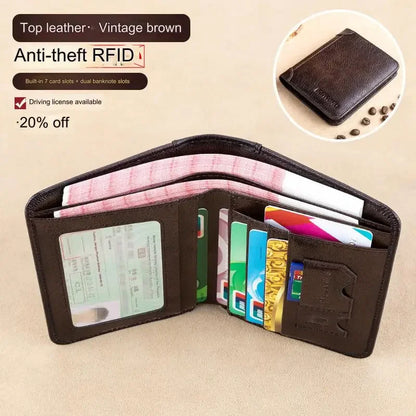 Men's Wallets RFID Blocking Genuine Leather Trifold Business Short Purse Wallet for Men with ID Window and Credit Card Holder