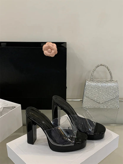Liyke Summer Square Toe 12CM Thick High Heels Platform Slippers Ladies Chunky Sandals PVC Transparent Shoes Women Zapatos Mujer