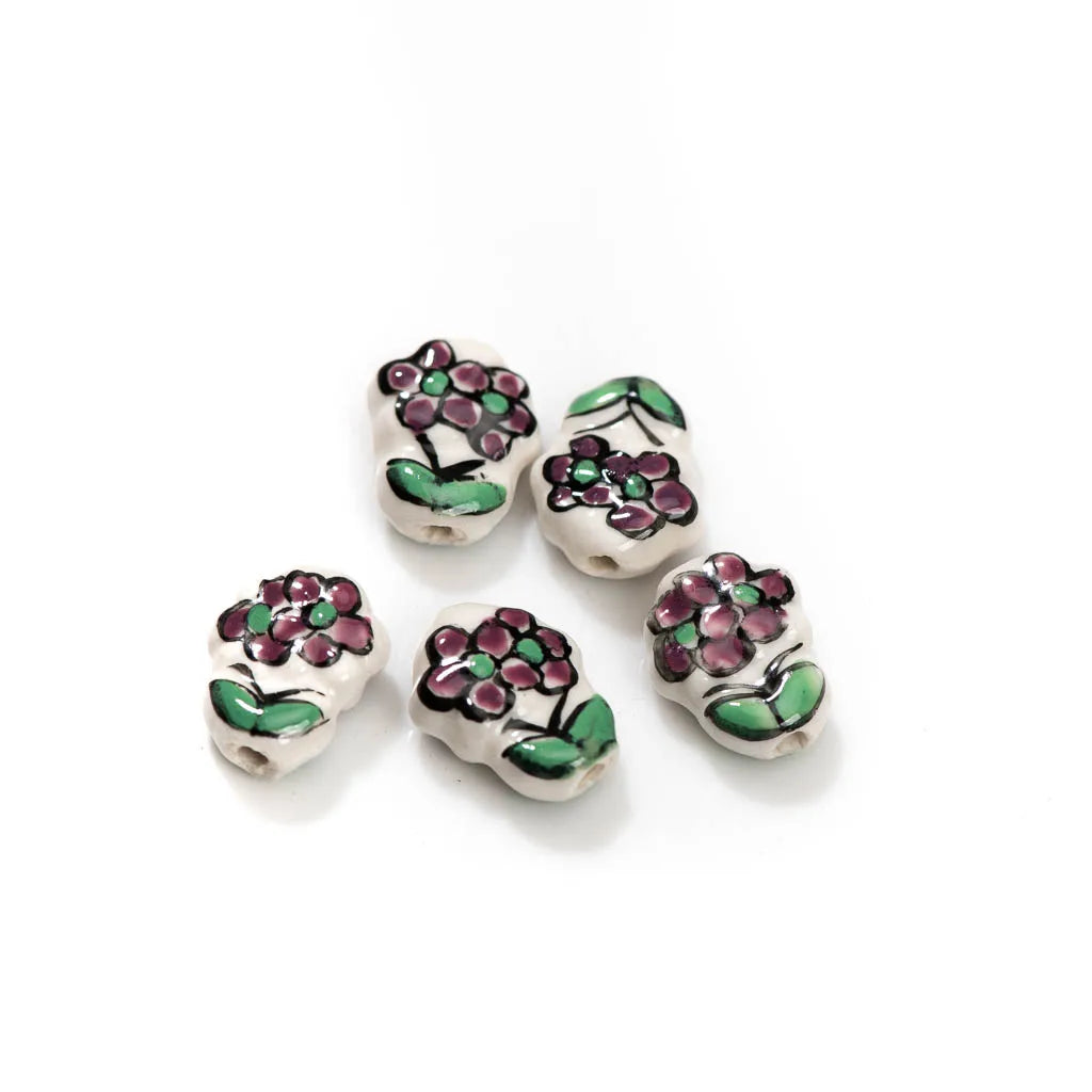 5pcs Artisan Hand-Painted Ceramic Beads Featuring Delicate Multi-Colored Floral Motifs Z717
