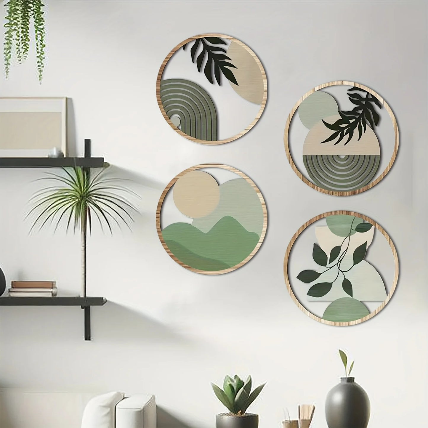 4PC Bohemian Wooden Wall Art Decor, Hollow Rustic Farmhouse Hanging Sculptures for Living Room, Bedroom, Outdoor Patio