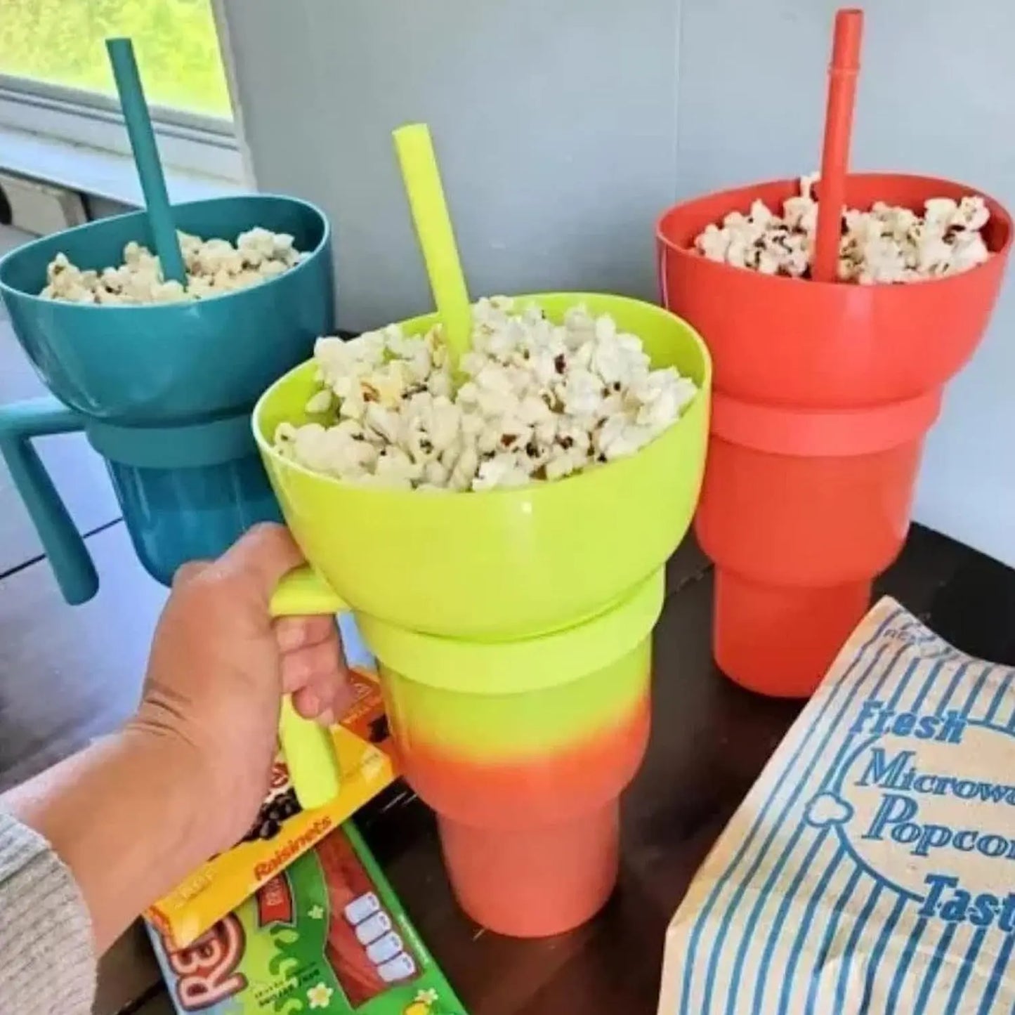 900-1000ml Large Capacity Beverage Popcorn Integrated Multifunctional Straw Cup Bowl Creative Snack Drinks Cup