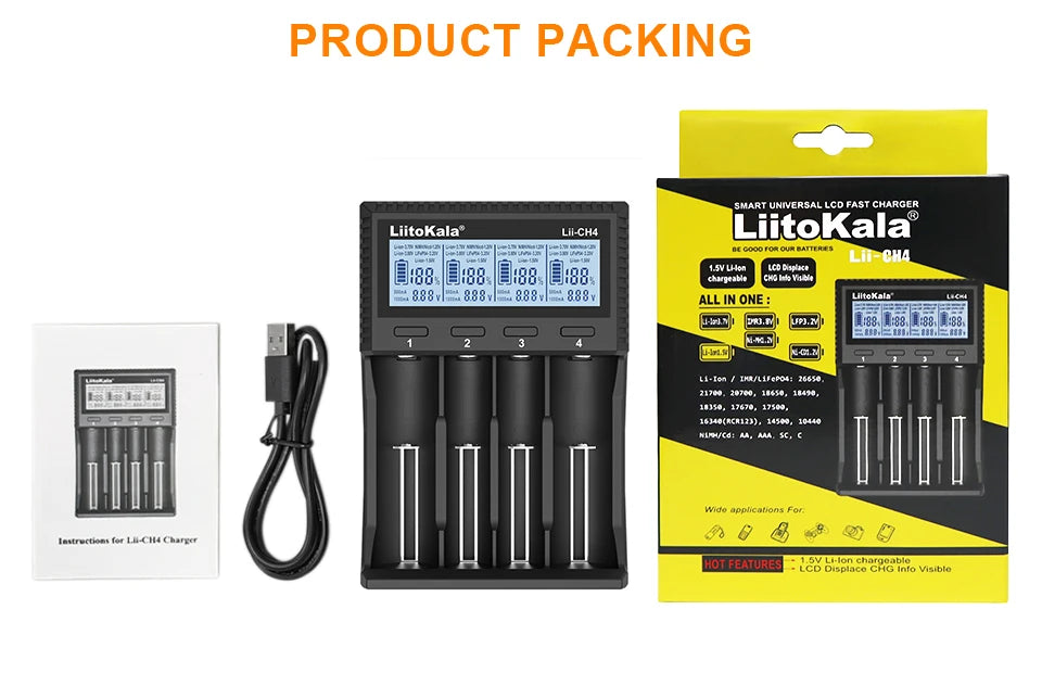 LiitoKala Lii-M4 Lii-CH4 18650 Charger LCD Display Universal Smart Charger Test Capacity 26650 18650 21700 AA AAA Battery 4slot