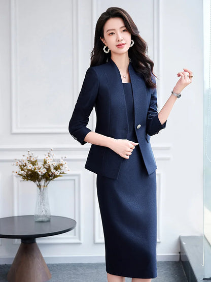 Office Suit Women Collarless Blazer + Vest Dress Set Executive Lady Workwear Elegant 2 Piece Set Long Sleeve Pink Suit Jacket