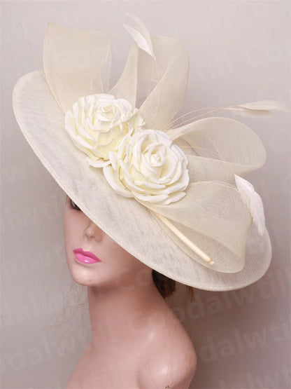 Elegant Women Church Derby Big Fascinator Hat Formal Dress Church Headpiece Bride Femme Marriage Chapeau Cap Flower Millinery