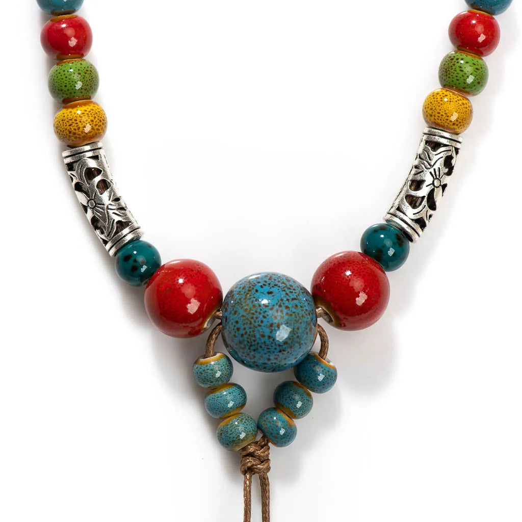 Ceramic Harmony Necklace – Artisan Bohemian Ethnic Turquoise Inlay Multicolor Adjustable Leather Cord Handcrafted X865