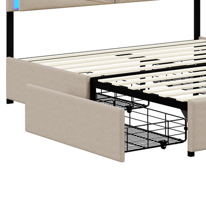 Double Bed, Upholstered Bed 160 x 200 cm, LED Bed Frame, Storage Bed with 4 Drawers and Slatted Frame, Headboard, Youth Bed