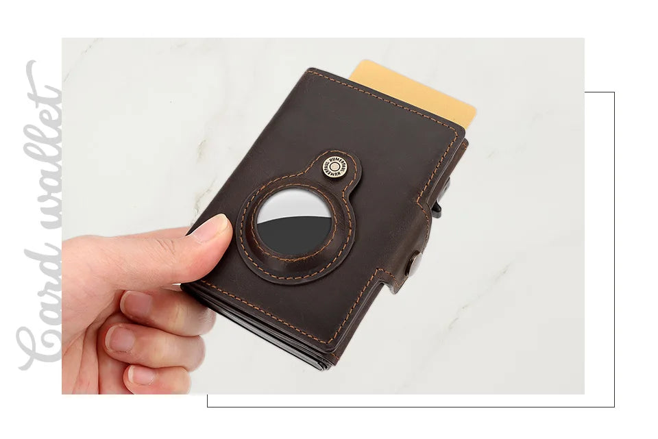 Cowhide Leather Men's Wallet RFID Blocking Protect Cardholder Automatic Card Case for Women with Apple AirTag Holder