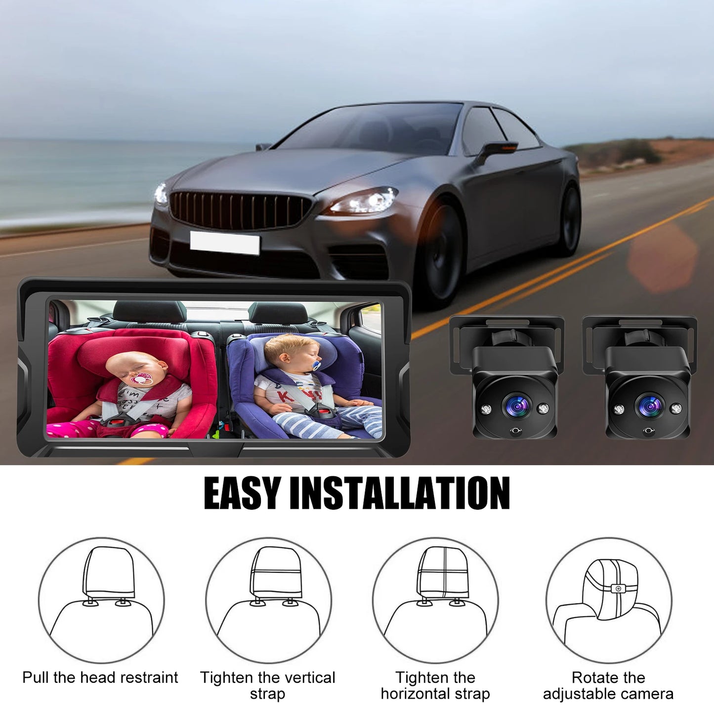 Car Baby Camera Dual Channel 6.8inch 1080P Display with 2 IR Night  Camera and 150° Wide View Angle Automotive Baby Camera