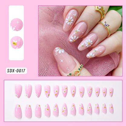 24Pcs Gold Ripple Brown Flowers False Nails with Rhinestones Pearl Design Wearable Almond False Nails Full Cover Press on Nails