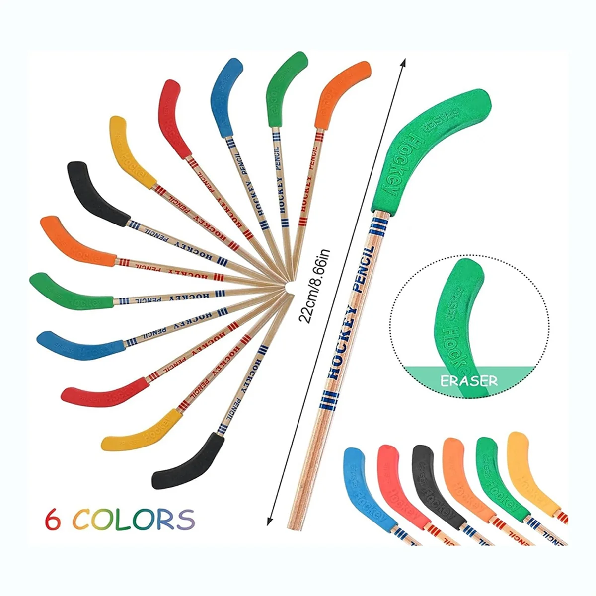 24Pcs Hockey Pencils and Erasers -Hockey Stick Sports Theme Party Supplies, Fun Cool Pencils for Hockey Fans, Students