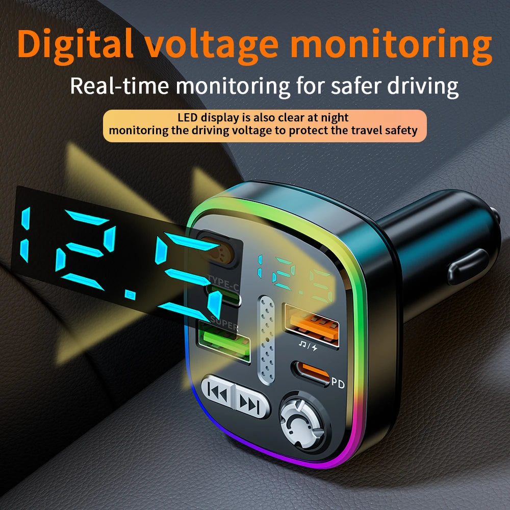 Bluetooth 5.0 FM Transmitter Car Charger Dual PD Type-C Dual USB Ambient Player MP3 Charger Type-C Wireless Light Handsfree