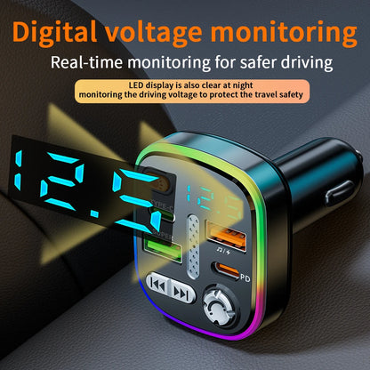 Bluetooth 5.0 FM Transmitter Car Charger Dual PD Type-C Dual USB Ambient Player MP3 Charger Type-C Wireless Light Handsfree