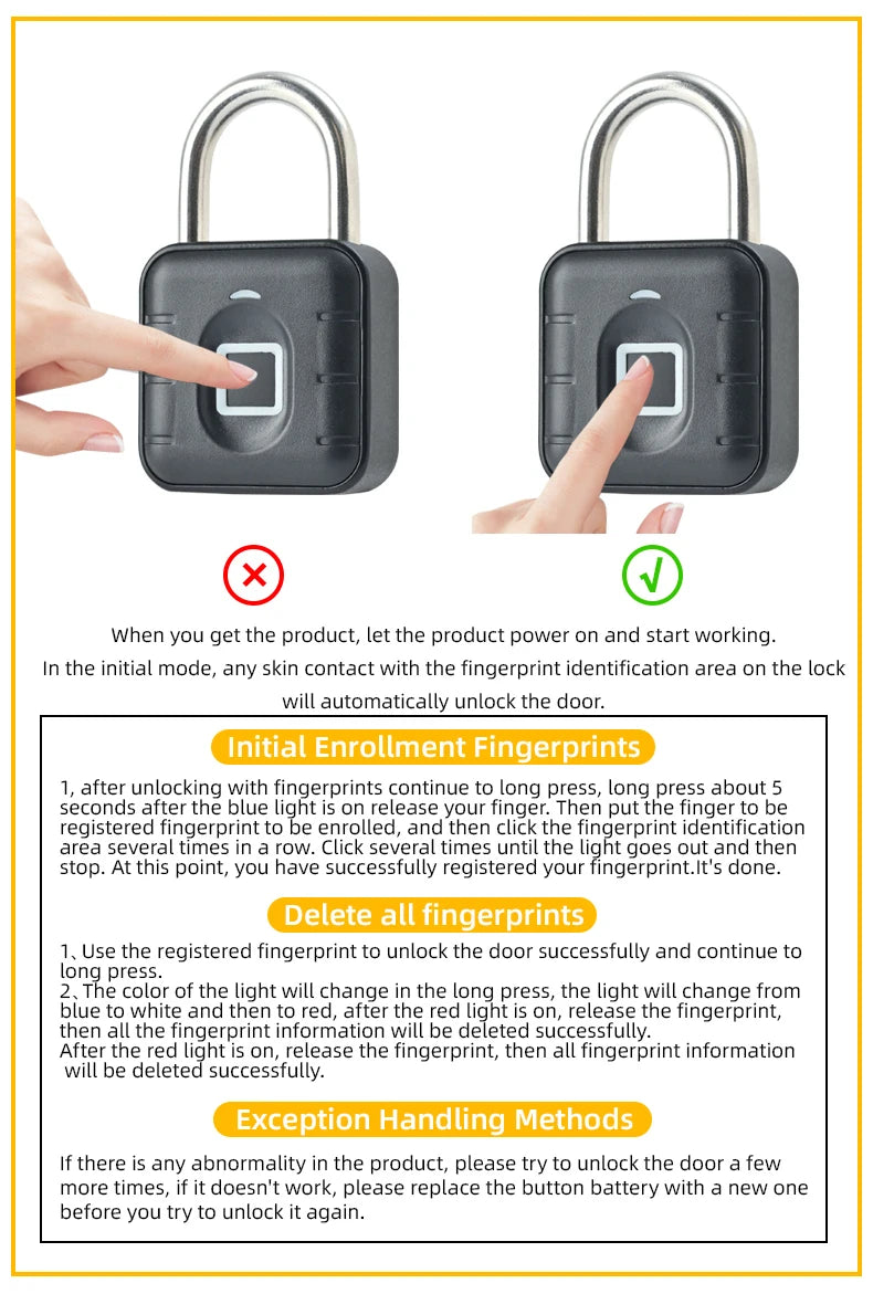 Smart Biometric Fingerprint Pad Lock Keyless Anti Theft Padlock IP67 Waterproof Home Travel Security Electronic Password Lock