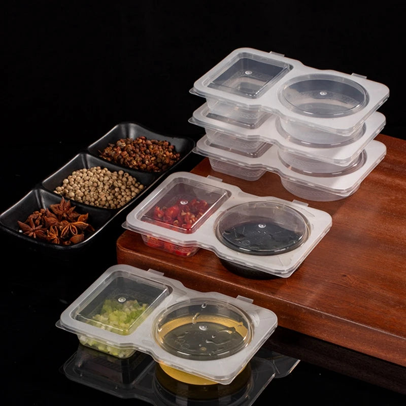 20pcs Plastic Double Compartment Condiment Containers with Lids, Reusable, Disposable 2-Compartment Snack Cups for To-Go Sauces