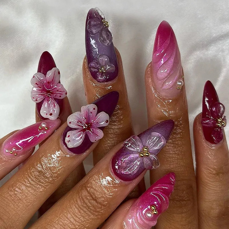 24Pcs Gradual Brown French Press on Nails 3D Mid-length Flowers Full Cover Almond Purple Nails with Colored Drawing Design Nail
