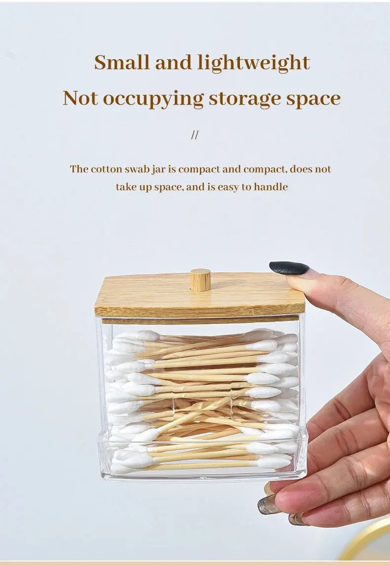 1set Transparent Acrylic Wood Cover Cotton Swab Box With 500 Cotton Swabs Cosmetic Cotton Storage Box