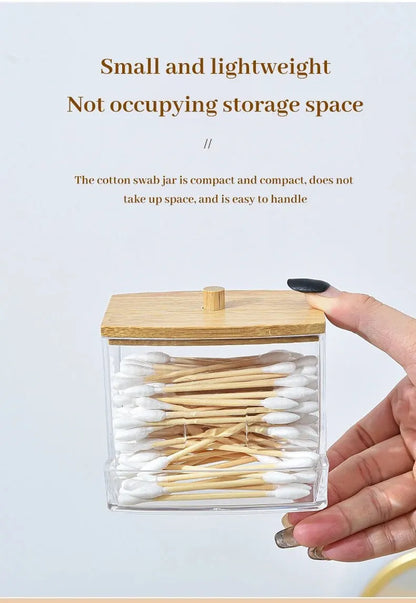 1set Transparent Acrylic Wood Cover Cotton Swab Box With 500 Cotton Swabs Cosmetic Cotton Storage Box