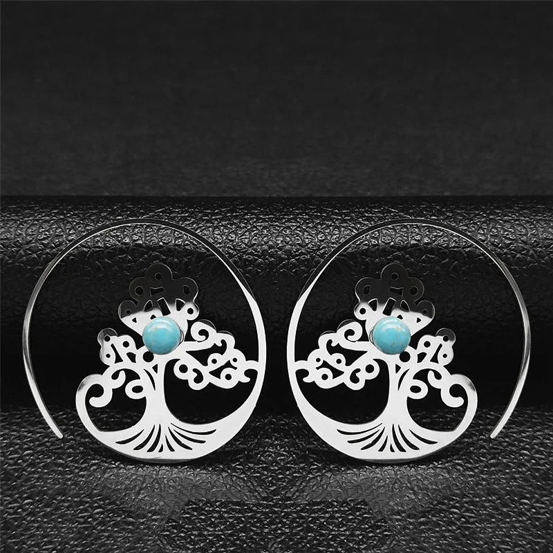 Vintage Ethnic Indian Carved Mandala Flower Dangle Earrings Stainless Steel Stone Boho Hollow Earring Jewelry pendientes flor