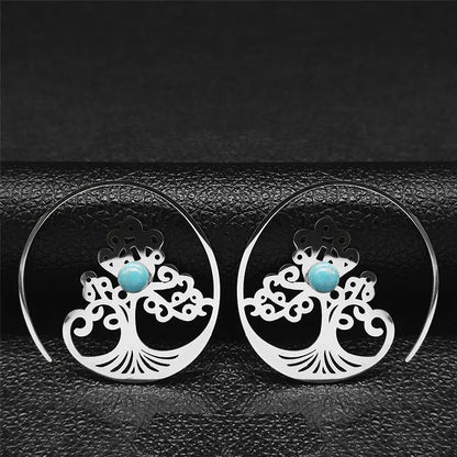 Vintage Ethnic Indian Carved Mandala Flower Dangle Earrings Stainless Steel Stone Boho Hollow Earring Jewelry pendientes flor