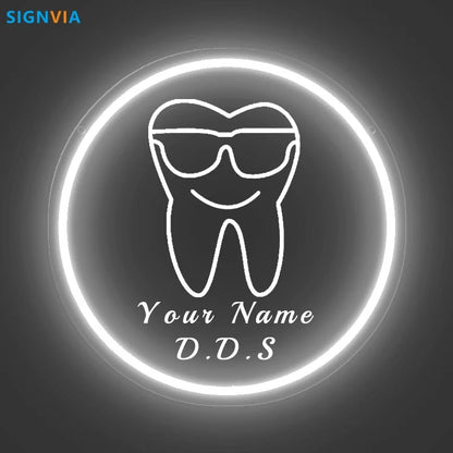 Custom Neon LED Tooth Sign with Glasses USB-Powered Wall Decor for Dental Parties Personalized Name White Light Circular Decor