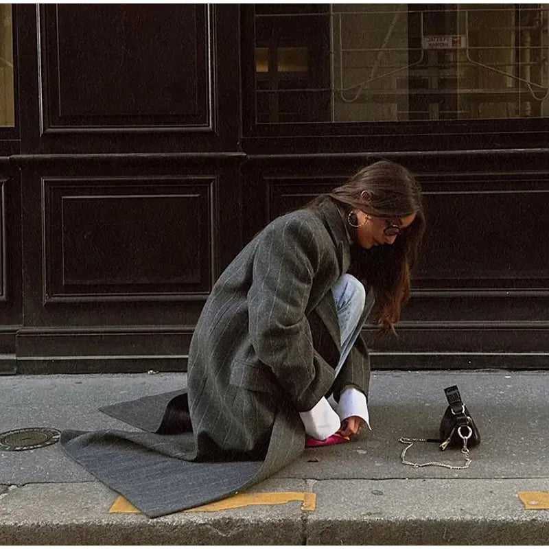 Retro Striped Lapel Woolen Long Coat Women Casual Loose Dark Grey Oversize Coats Female Winter Elegant Chic Outwear