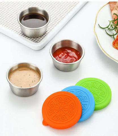 6 Pcs Set Leakproof Stainless Steel Dipping Sauce Cups Food Containers Reusable Salad Dressing Container Silicone Stretch Lids