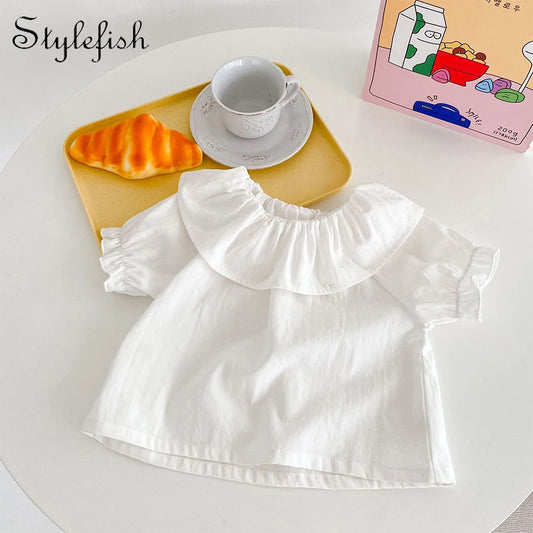 Baby T-Shirt, New Summer Trend For Boys And Girls, Versatile Ruffle Collar Short Sleeved Shirt, Top White Versatile Style