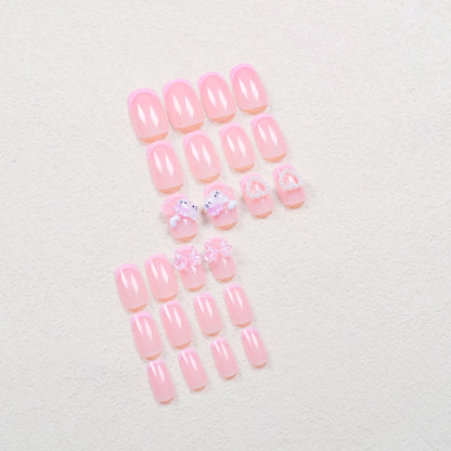 24 Medium Square Nail Pink French Cute Cartoon Cat White Love Camellia Nail Patch Jelly Powder Bow Wear Nail Set