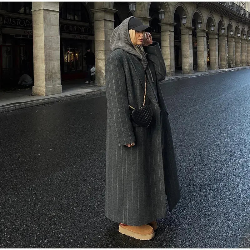 Retro Striped Lapel Woolen Long Coat Women Casual Loose Dark Grey Oversize Coats Female Winter Elegant Chic Outwear
