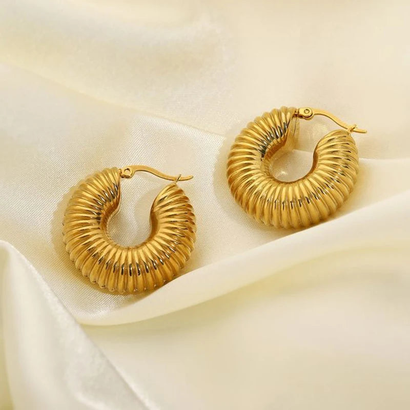 Classic Stainless Steel Waterproof Chunky Hammered Hoop Earrings Unusual Empty Stacked Circle Ear Ring Buckle Huggie Jewelry