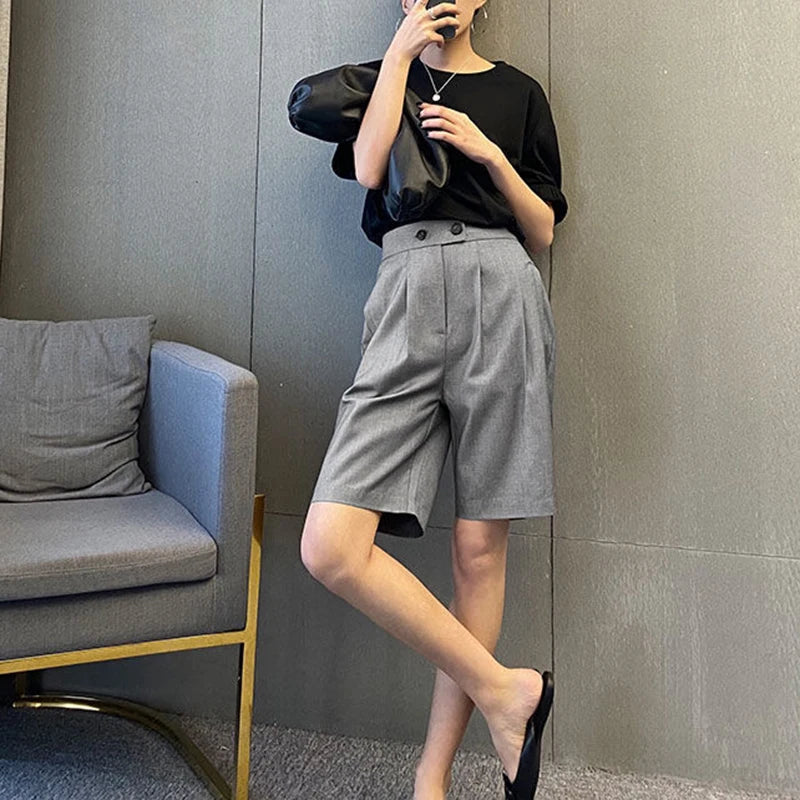 Korean Office Suits Shorts for Women Fashion Double-buttons High Waist Knee-length Pants Woman 2023 Summer Casual Short