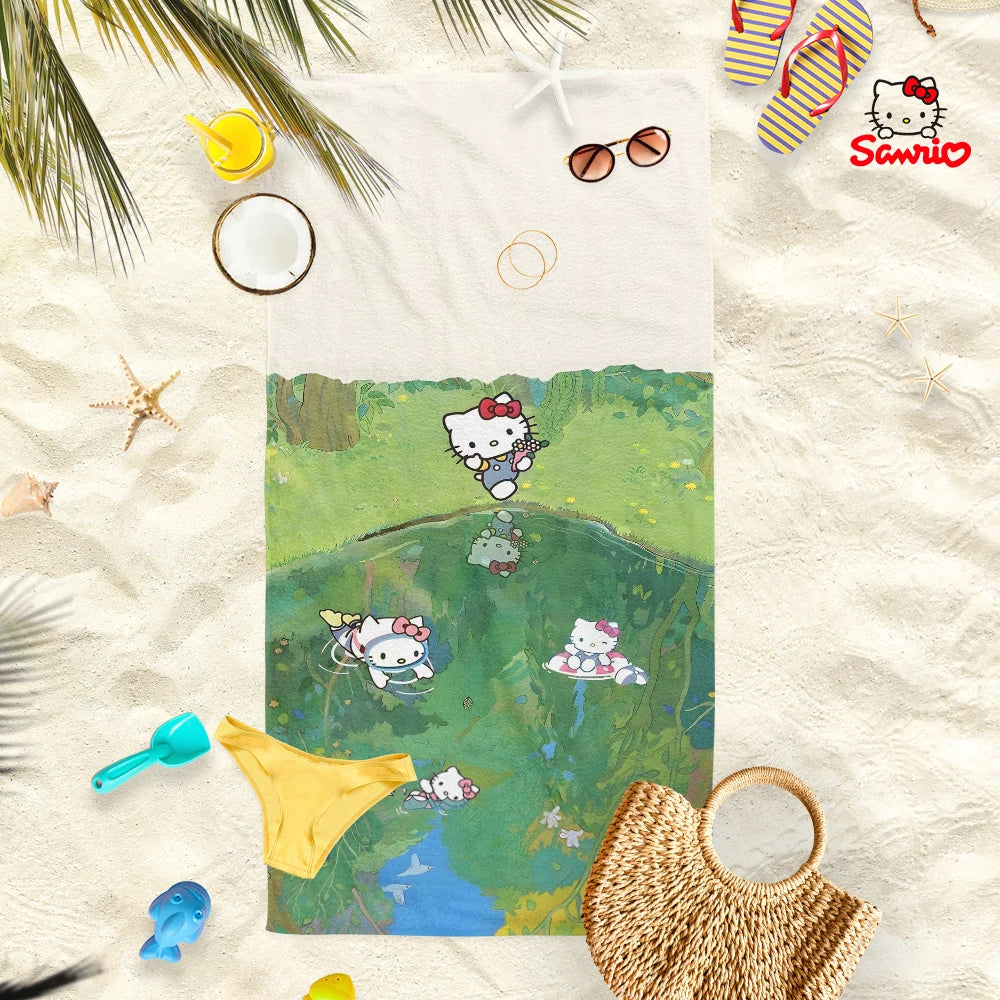 Adorable Cartoon-Printed Beach Towels: PomPomPuu, Pochacco, Cinnamo, and Kitty Designs! Suitable for towels, bath towels