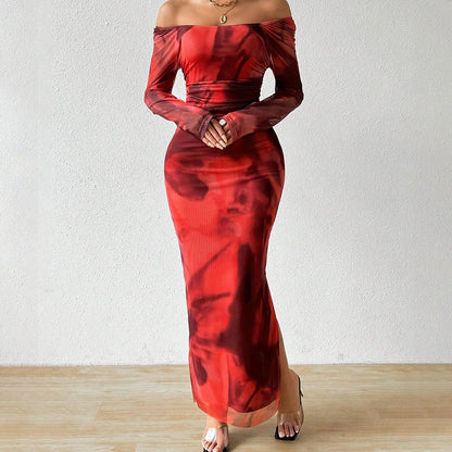 Mia Muse Autumn Winter Women's Dresses Fashion Fitting Slim Gradient Color Long Sleeve Scoop Neck Maxi Dresses