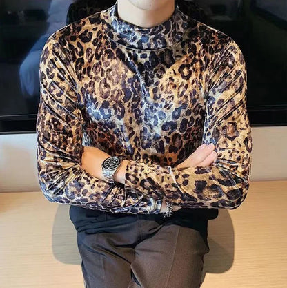 Mens T-shirt Long Sleeve Leopard Print Stretch Skinny Gym Shirt High Neck Base Shirt for Men