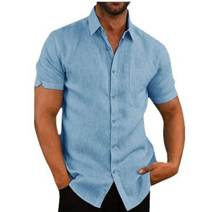 Men Pocket Blouse Tops Summer Male Turn Down Collar Button Short Sleeve Slim Solid Color Blouse Shirts YYCFS-19505