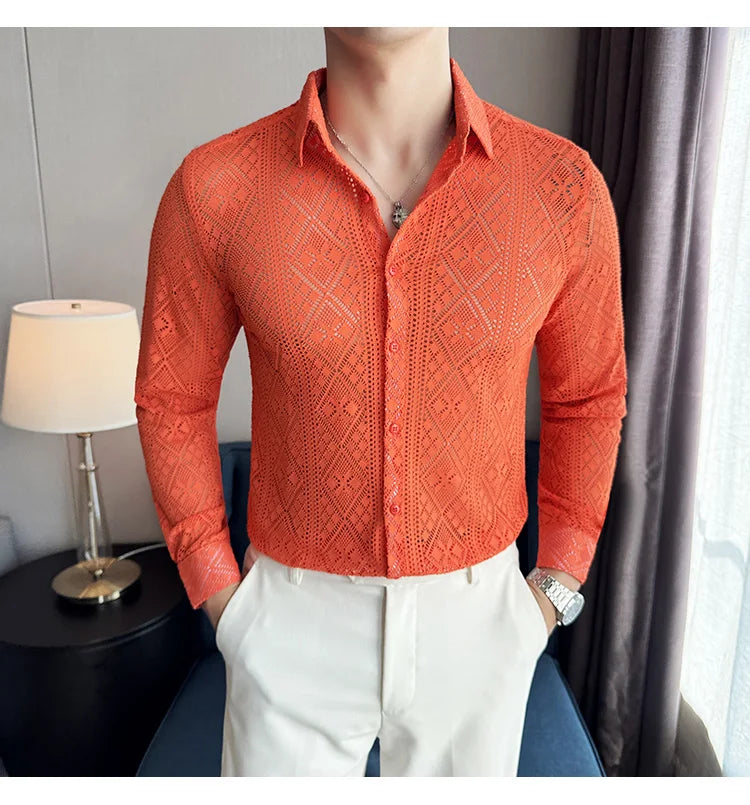 Quality Hollow Shirts For Men Korean Luxury Clothing Fashion Sexy Lace Men's Social Shirt Dress Slim Fit Long Sleeve Prom Tuxedo